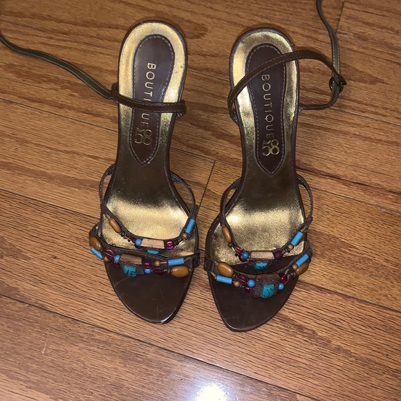 Shoes - Brown Beaded Strap Sandal Heels